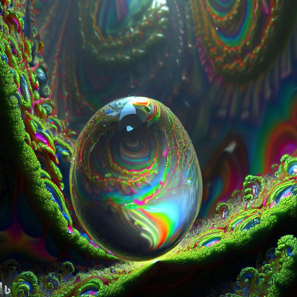 2- a 3d hyper-real raindrop centred in a mossy fractal rainforest contains jubilant recursion Escher-esque calm loving grace flow field rainbow light.jpg